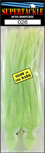 Product picture of a glow in the dark white Supertackle fishing lure hoochie 026 Nuke