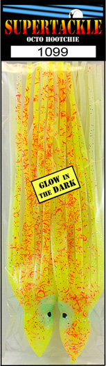 Product picture of a glow in the dark yellow Supertackle fishing lure hoochie 1099 Tang
