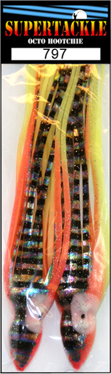 Product picture of a multi color Supertackle fishing lure hoochie 797 Ginger Beer