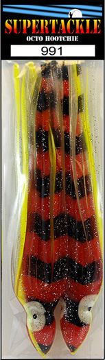 Product picture of a red and black Supertackle fishing lure hoochie 991 Striper