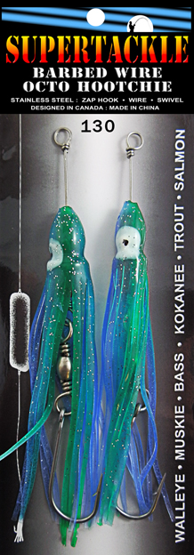 Blue and green hoochie fishing lure