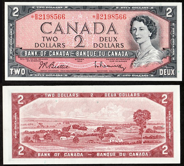 1954 $2 Canadian bill Modified BC38bA ~ Unc Replacement